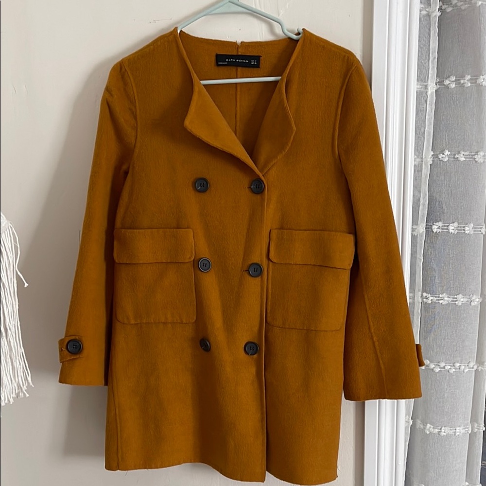 Zara Orange Pea Coat with Wool-Like Texture